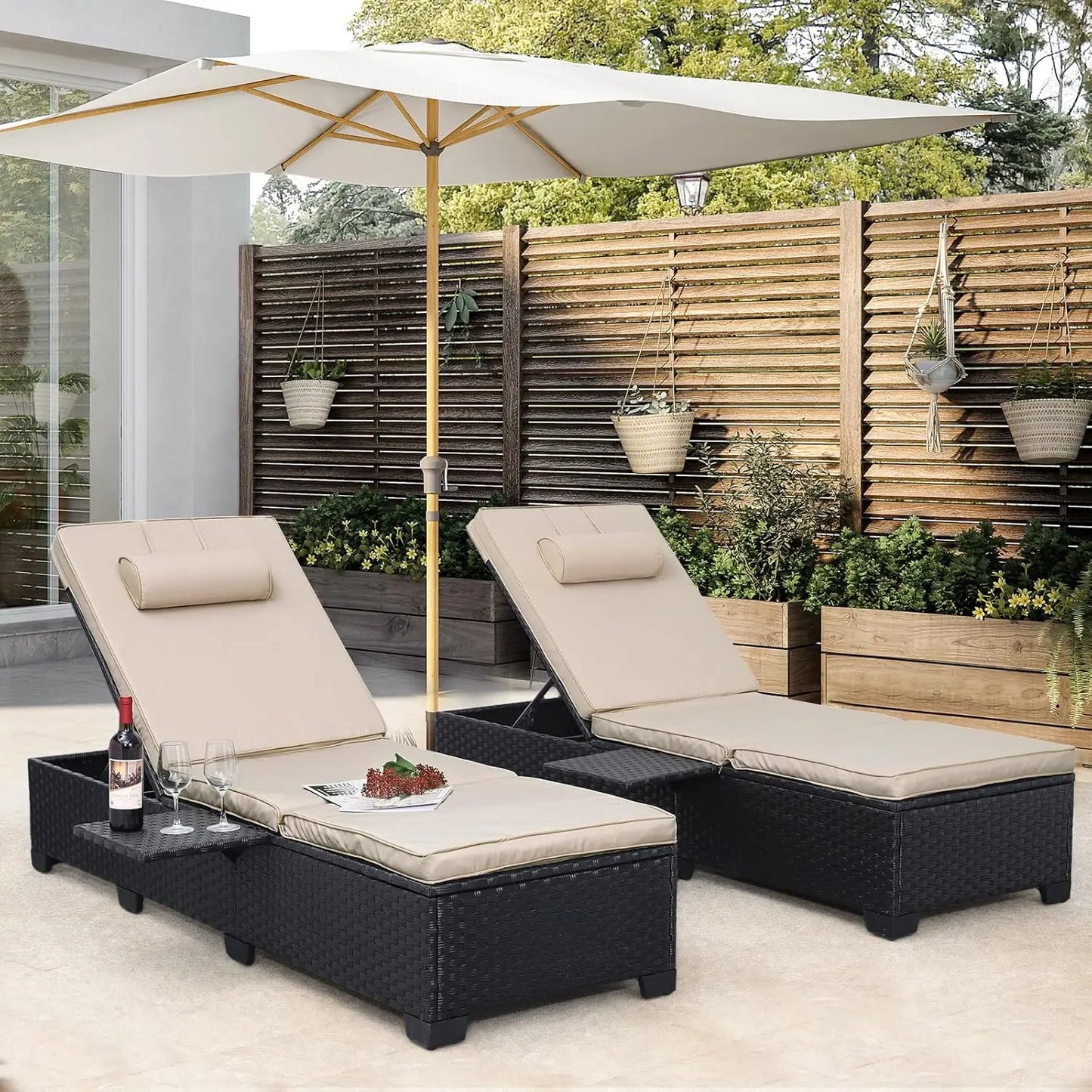 Adjustable Wicker Chaise Lounge Pair for Patio Cushions