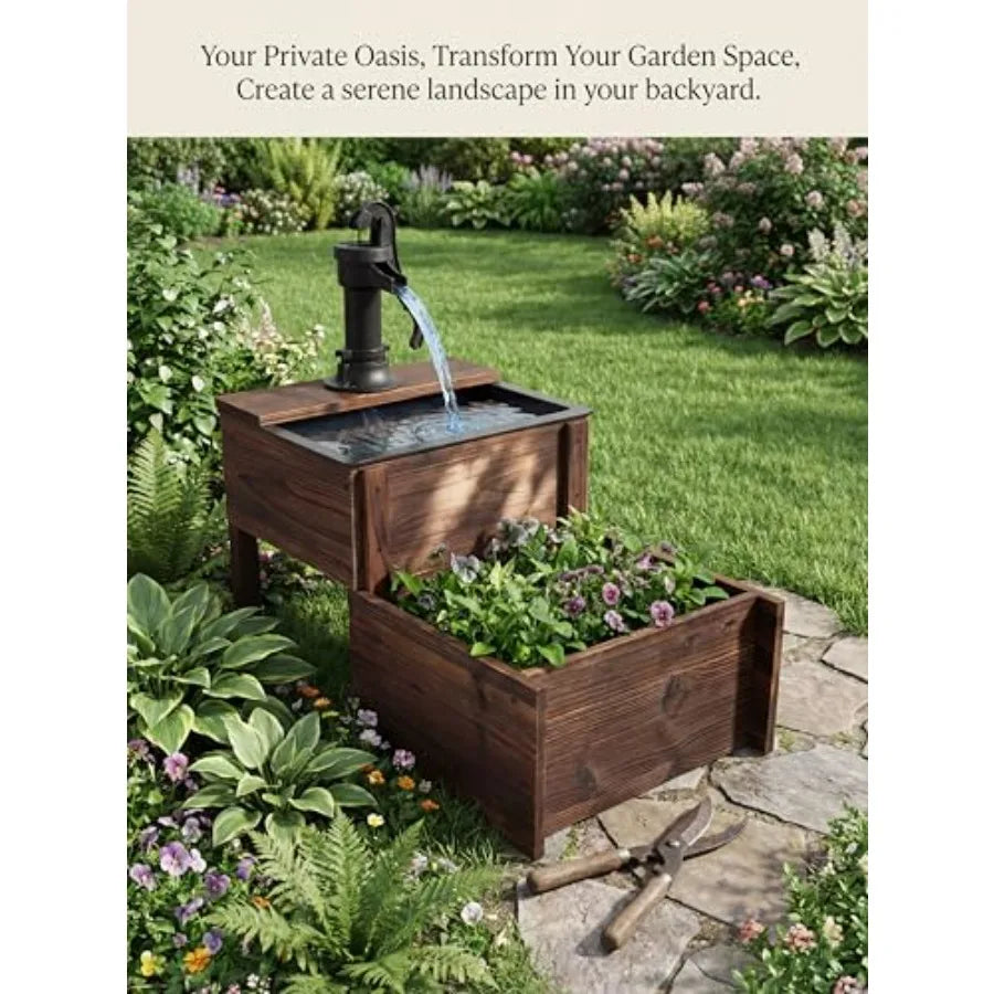 Outdoor Wooden Floor Fountain With Double-Layer Pump And Flower Box