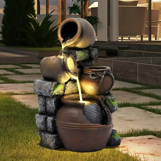 Outdoor Water Fountain with LED Lights and Pump 4-Tier Cascading