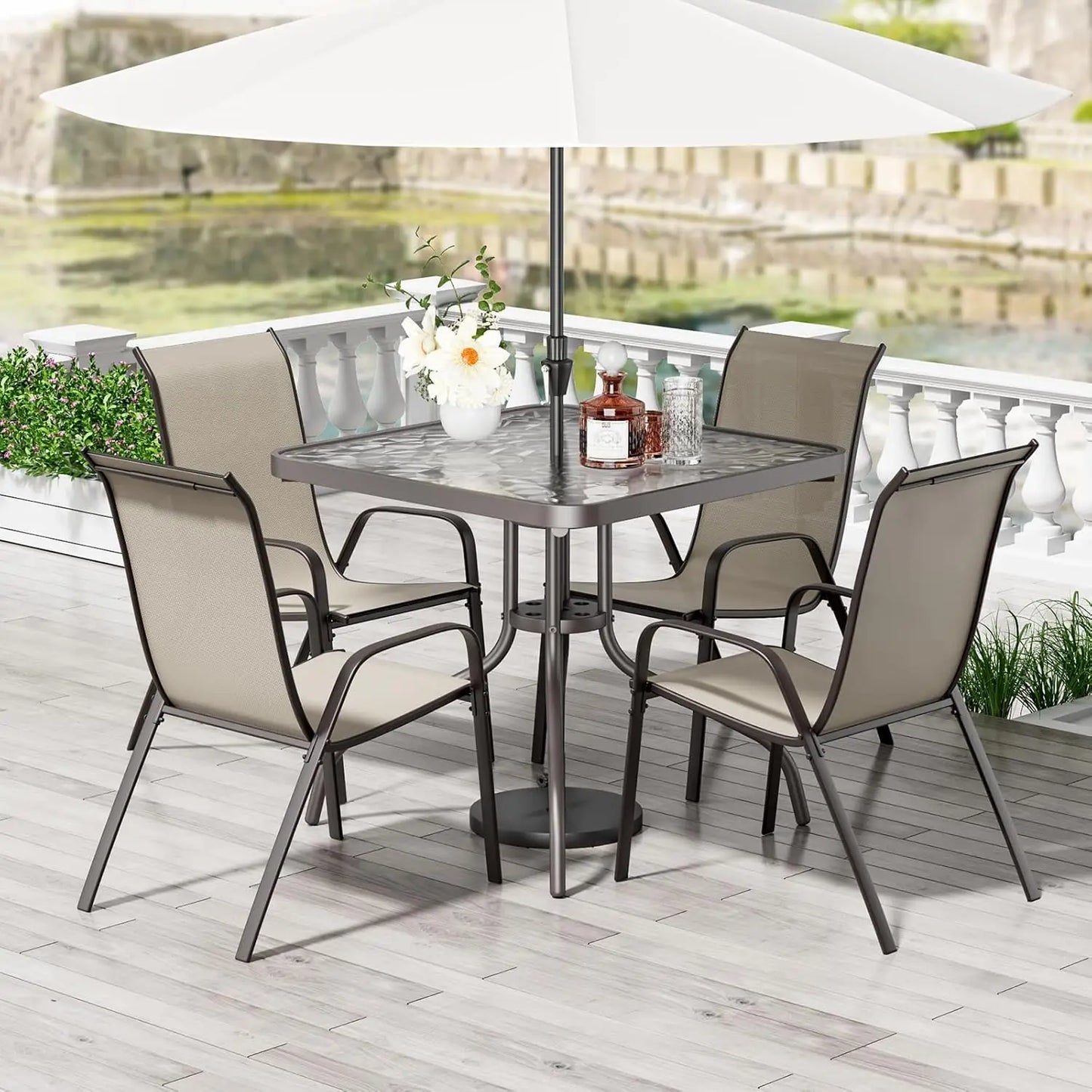 Patio Dining Set With Table And Four Textilene Chairs