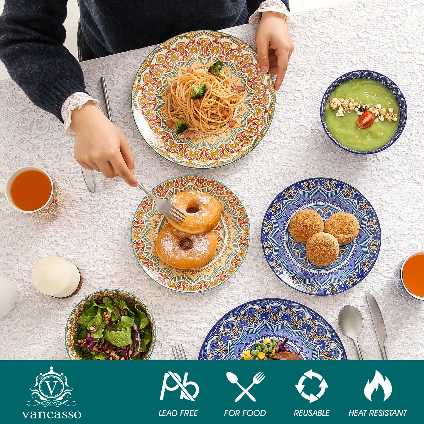 Malacasa Mandala Patterned Geometric Ceramic Dinnerware Set Porcelain Tableware