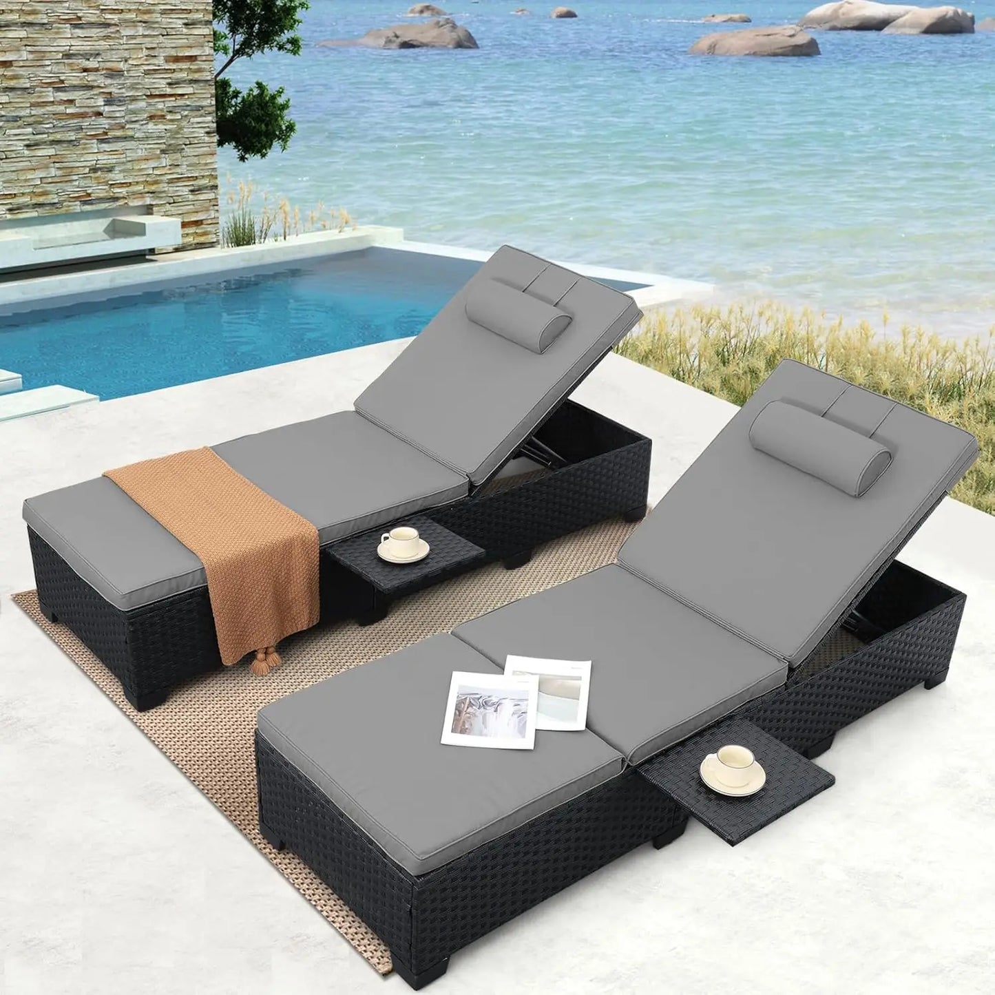 Adjustable Wicker Chaise Lounge Pair for Patio Cushions