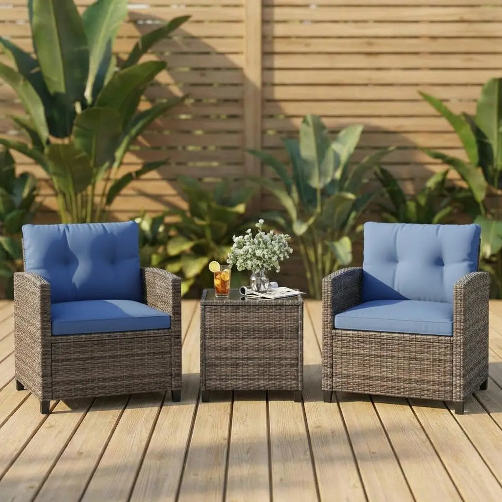 HiMISS Outdoor Patio Bistro Set Rattan Chairs And Side Table