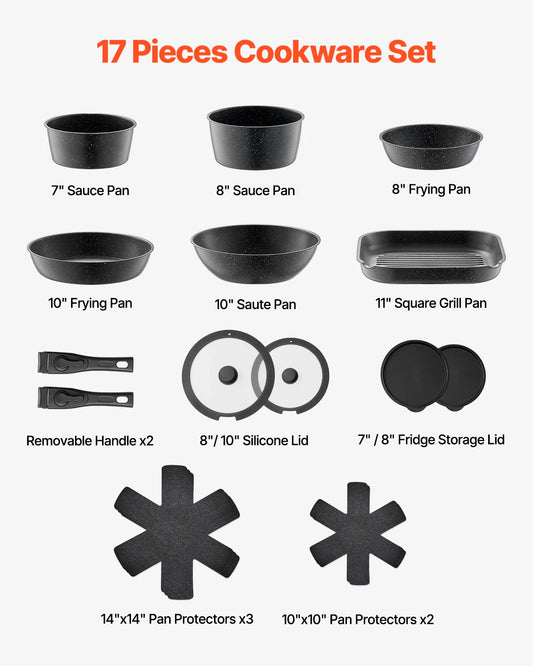 SucceBuy 17 Piece Nonstick Cookware Set Granite Pots And Pans