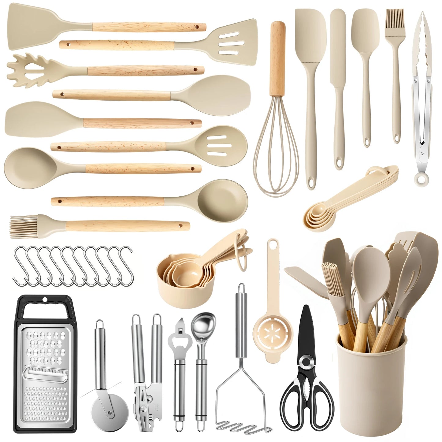 Silicone Wooden Handle 44 Piece Nonstick Kitchen Utensil Set FoodGrade