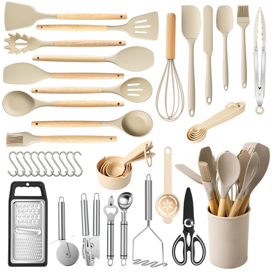 Silicone Wooden Handle 44 Piece Nonstick Kitchen Utensil Set FoodGrade