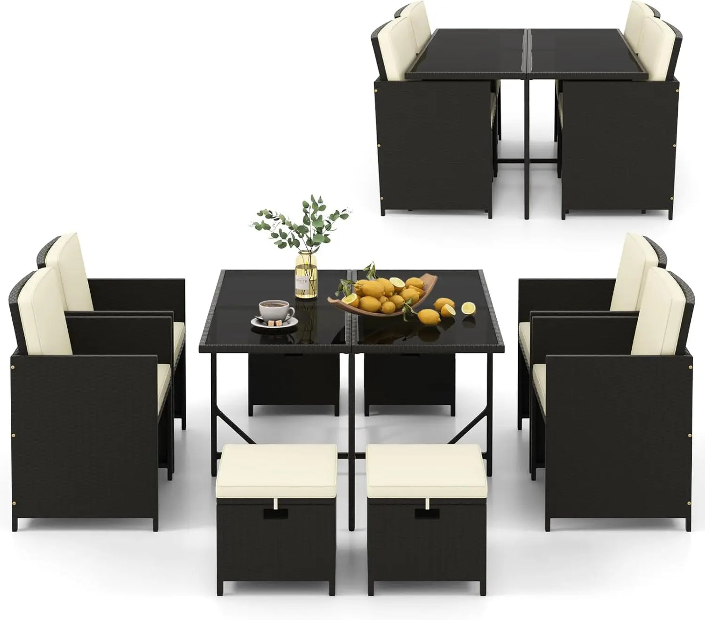 Patio Dining Set With Rattan Chairs And Tempered Glass Table And Ottoman