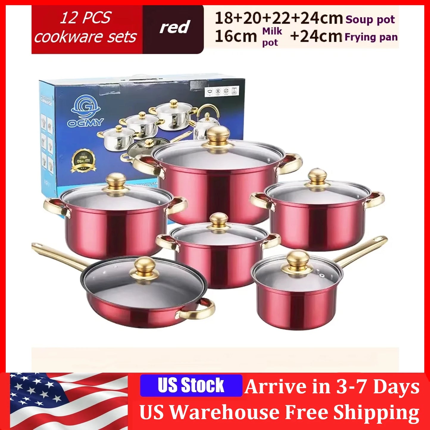 Stainless Steel Cookware Set With Gold Plated Handle 12 Piece