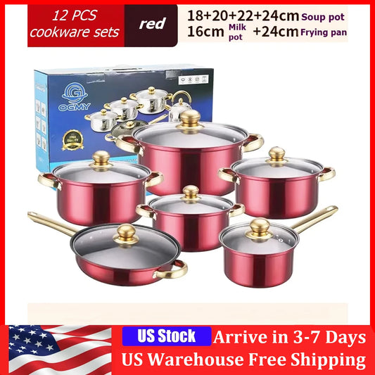 Stainless Steel Cookware Set With Gold Plated Handle 12 Piece