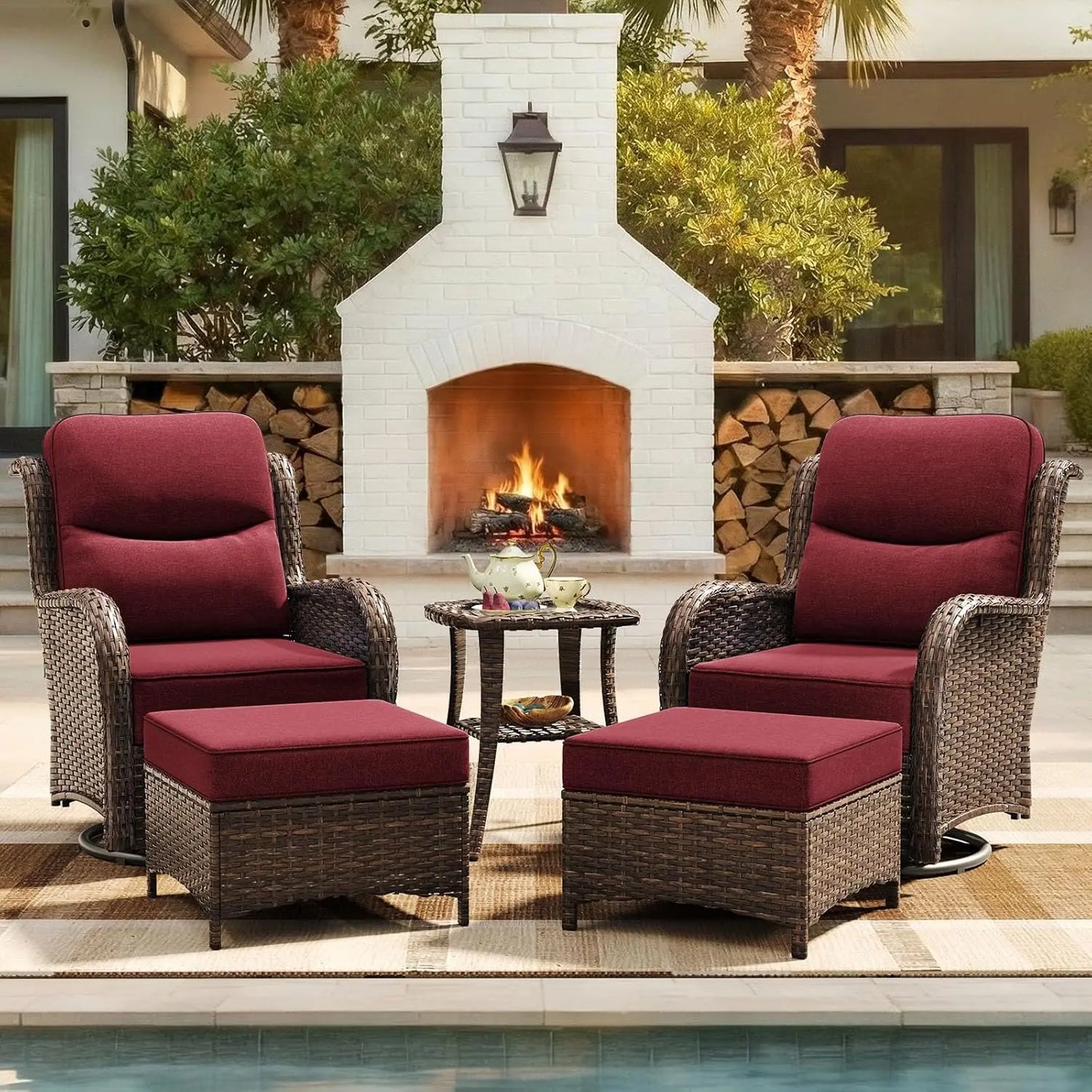 Five Piece Luxury Patio Furniture Set With Cushioned Wicker Chairs