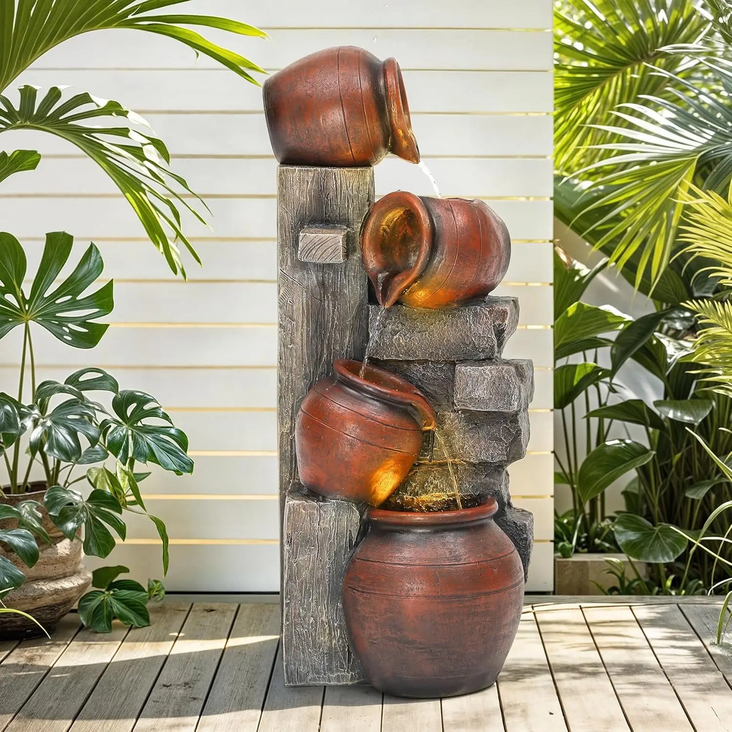 Outdoor Water Fountain With LED Lights And Pump Cascading Pitchers