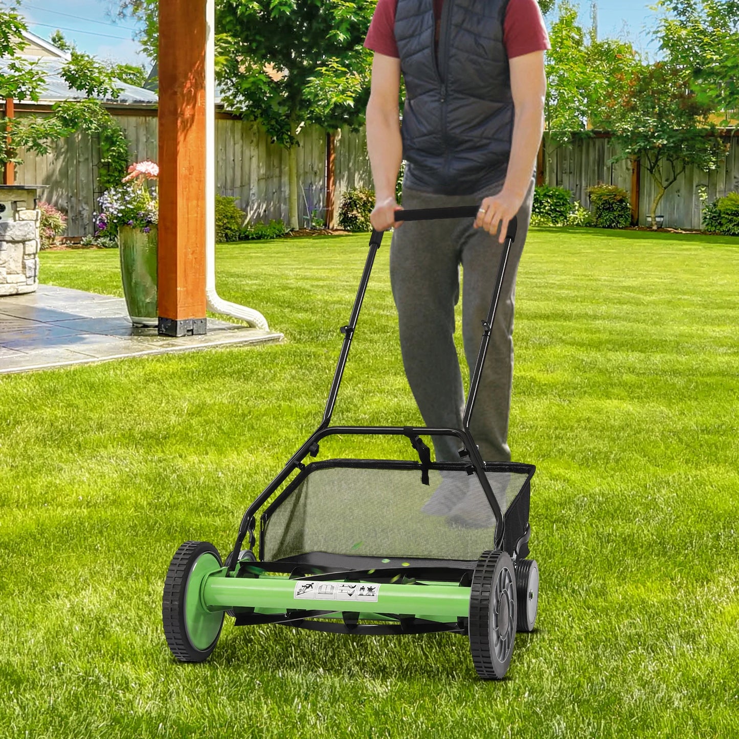 Push Reel Lawn Mower With Grass Catcher And Adjustable Height