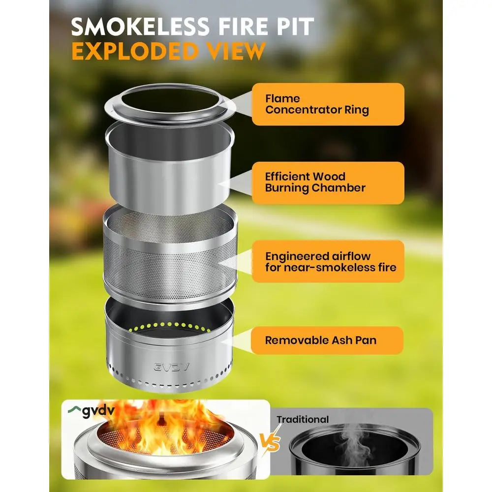 Hollow-Carved Airflo Smokeless Firepit With Grill And Removable Ash Pan