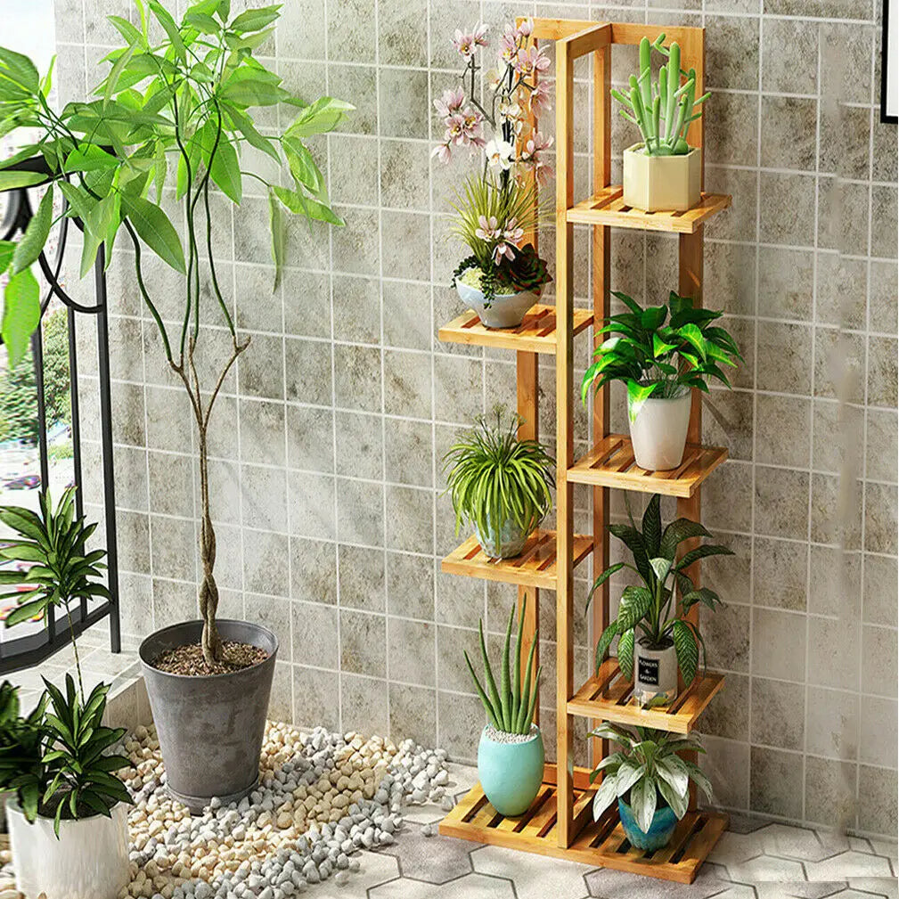 Bamboo Multi Tier Plant Stand Vertical Corner Shelf For Indoor Outdoor Use