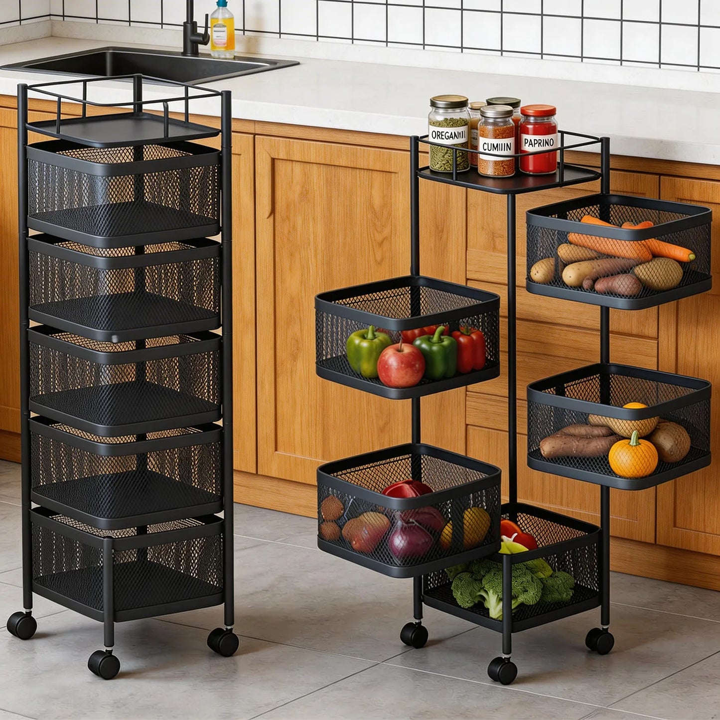 HiMISS 5-Tier Rolling Storage Cart With Rotating Baskets 360 Degree