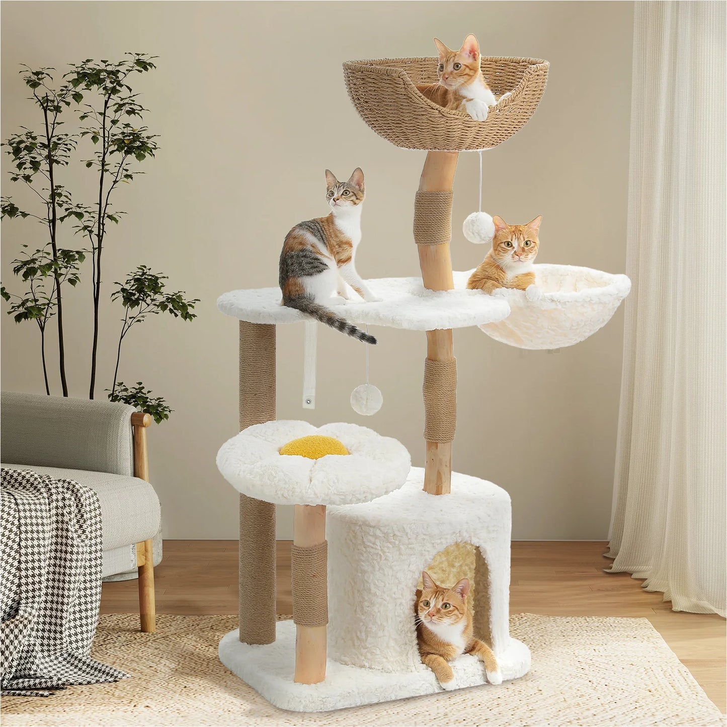 PEQULTI Solid Wood Cat Tree Tower With Condo And Perches
