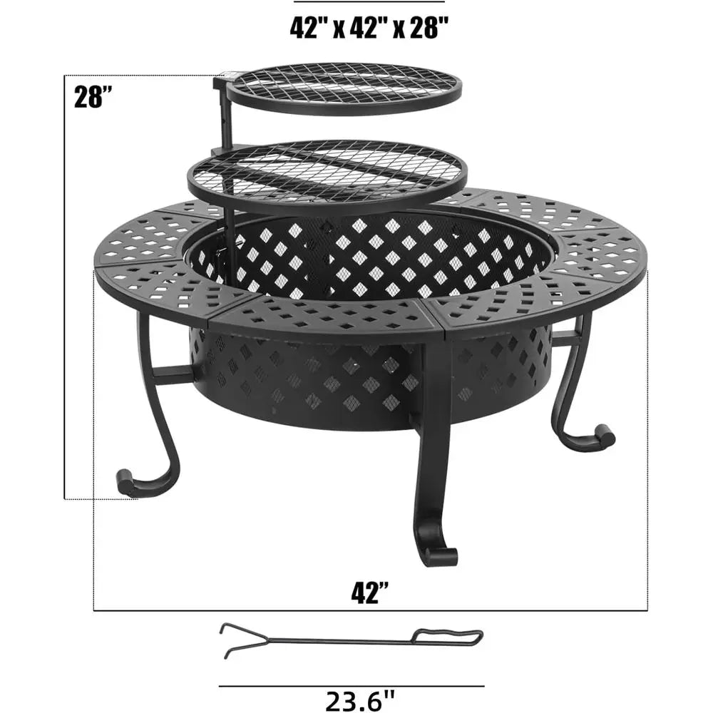 Round Metal Fire Pit With Dual Grills And Wood Burning