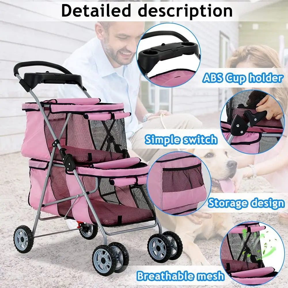 Four Wheel Pet Stroller For Small And Medium Dogs And Cats With Cup Holder