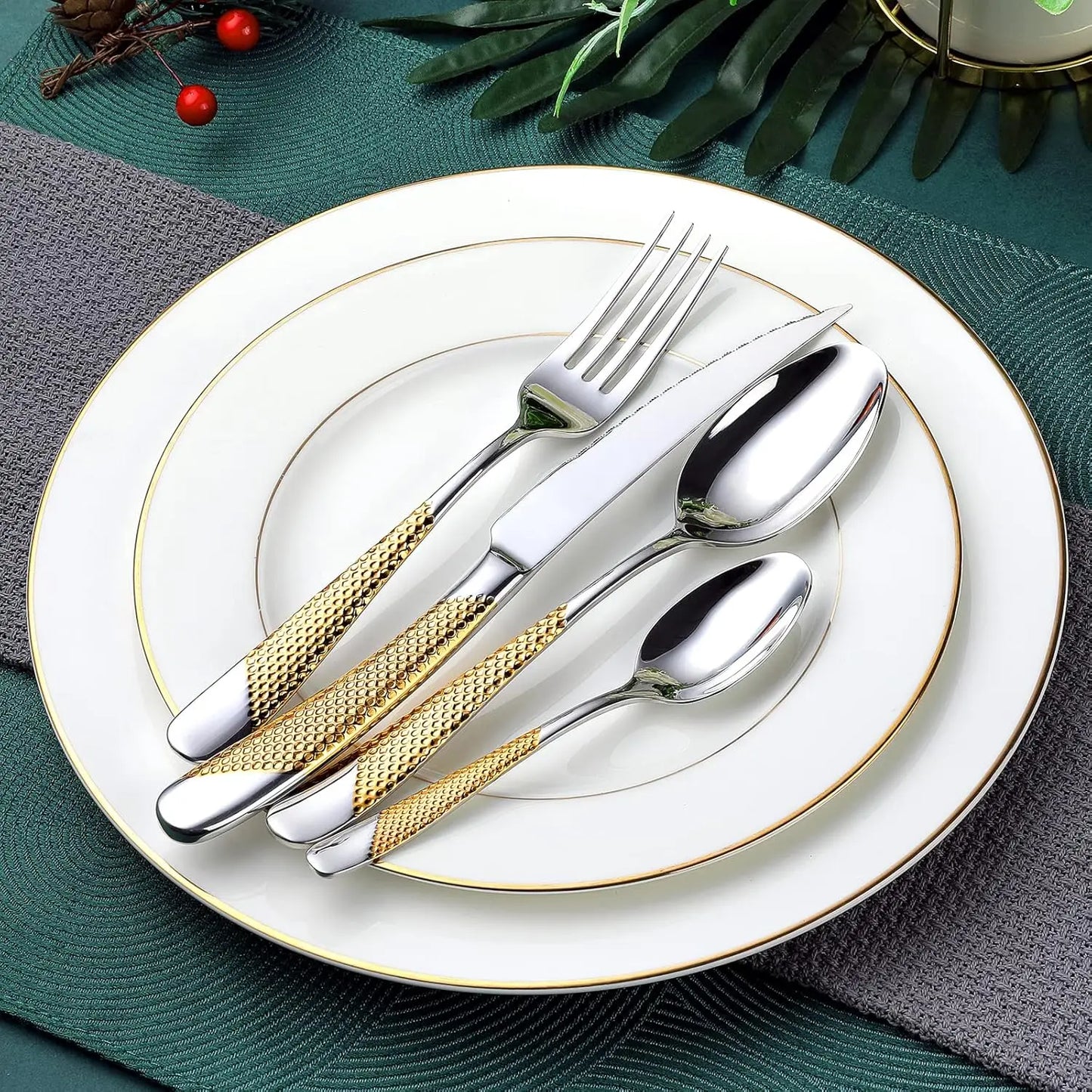 Hammered Stainless Steel Flatware Set For Six 24Piece