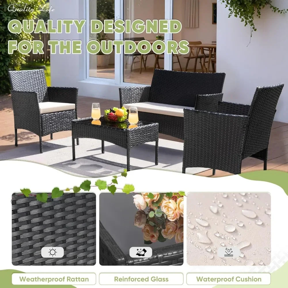 Outdoor 4-Piece Wicker Rattan Patio Conversation Set