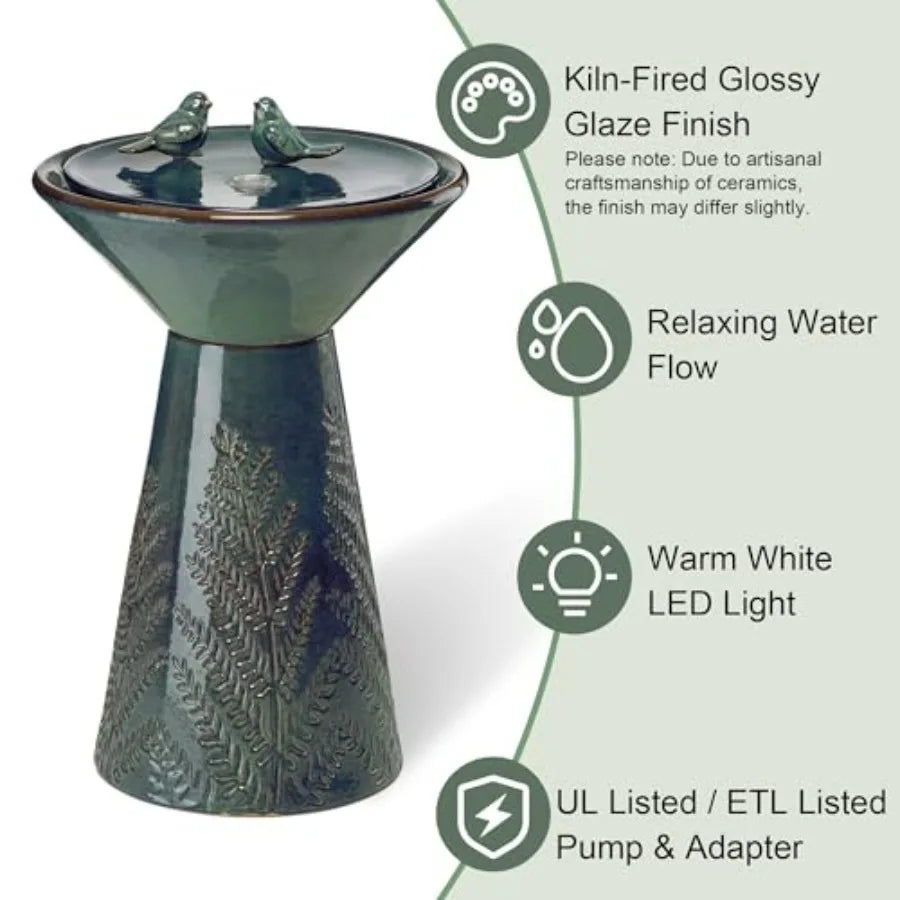 Ceramic Garden Water Fountain LED Light And Pump Bird Bath