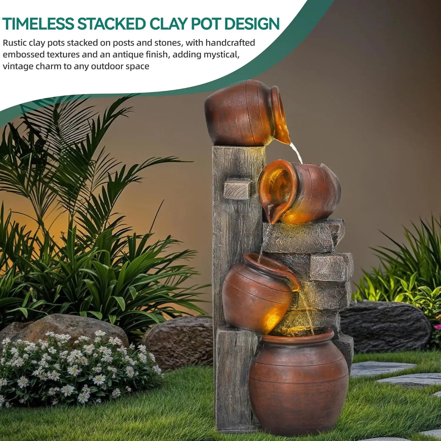 Outdoor Water Fountain With LED Lights And Pump Cascading Pitchers