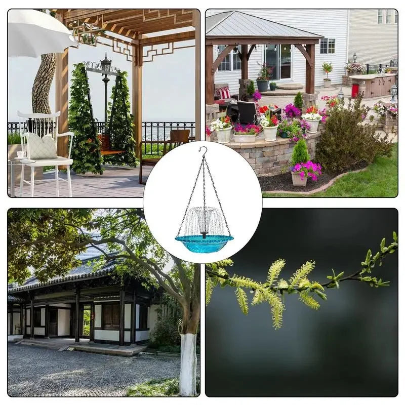 Hanging Bird Bath Fountain And Feeder With Spray Nozzles