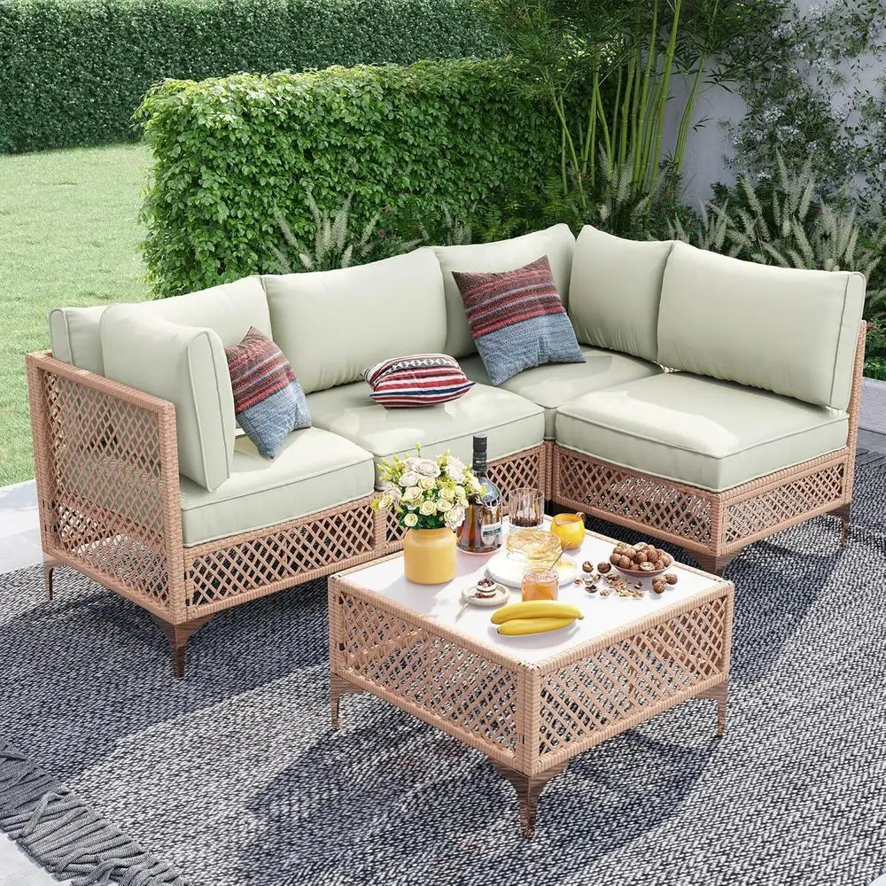 5-Piece Wicker Outdoor Sectional Patio Set With Glass Coffee Table