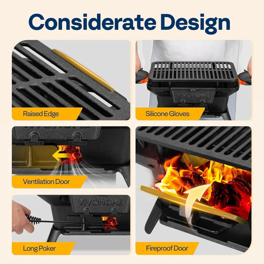 NBVCX Portable Rectangle Charcoal Grill With Double-Sided Grate