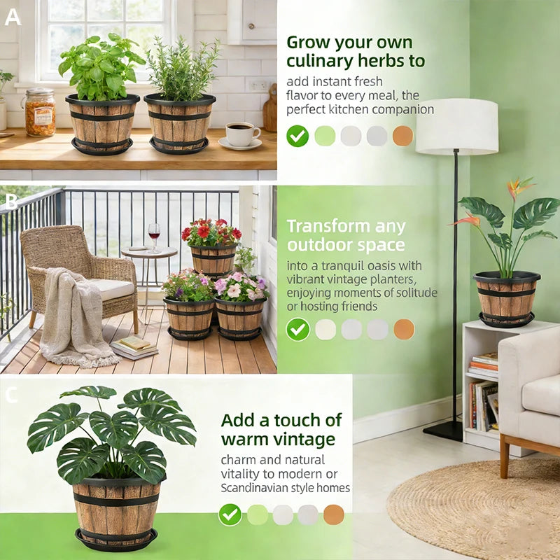Indoor Resin Flower Planter Imitation Wooden Barrel for Balcony Decor