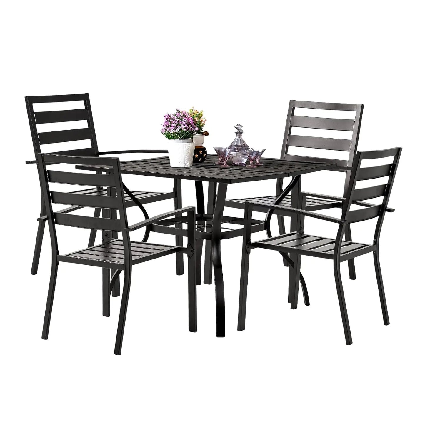 Outdoor Five Piece Patio Dining Set With Umbrella Hole And Iron Frame