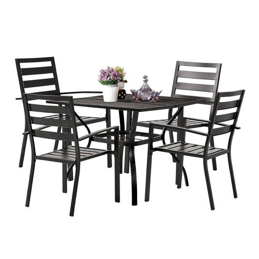 Outdoor Five Piece Patio Dining Set With Umbrella Hole And Iron Frame