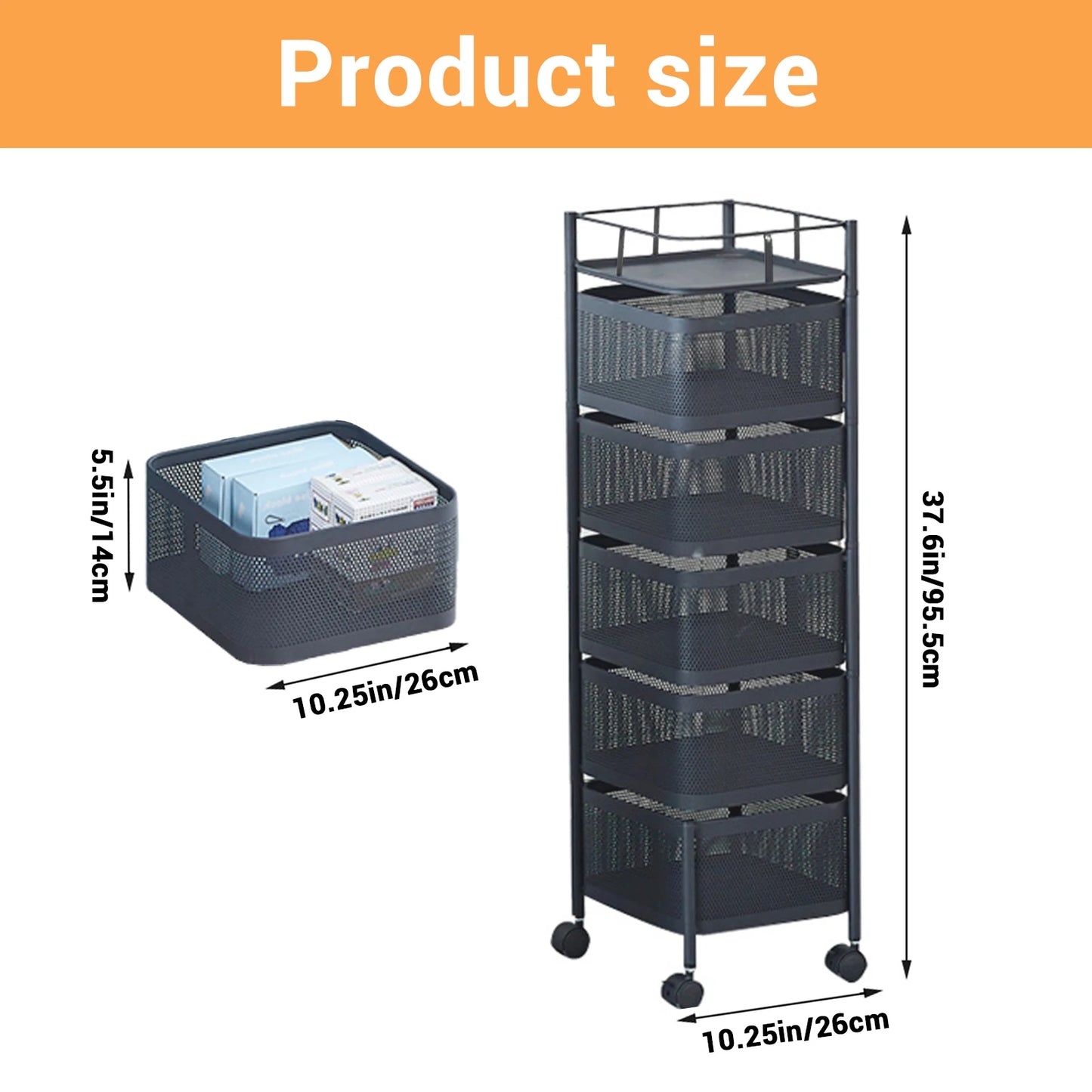 HiMISS 5-Tier Rolling Storage Cart With Rotating Baskets 360 Degree