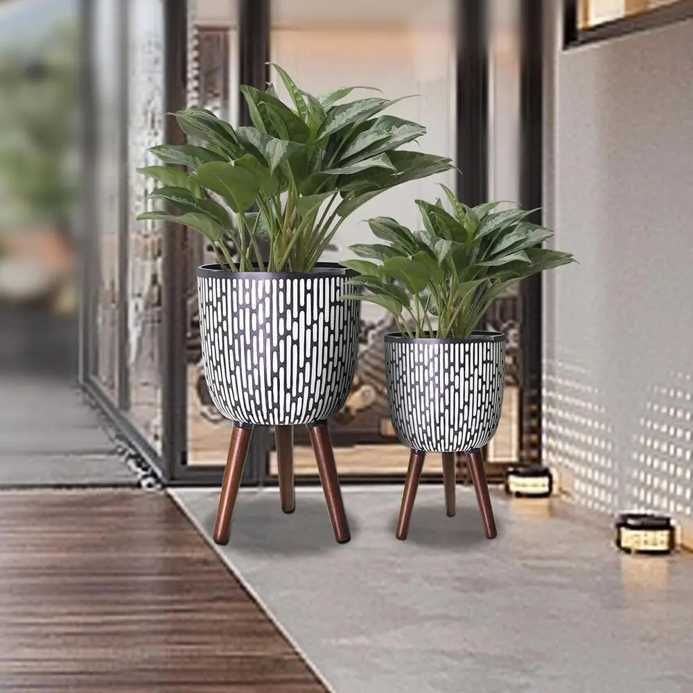 Boho Plant Pot With Stand Two Pack Elevated Planter Drainage