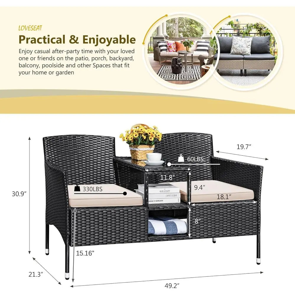 Outdoor Patio Loveseat Set With Cushions And Coffee Table