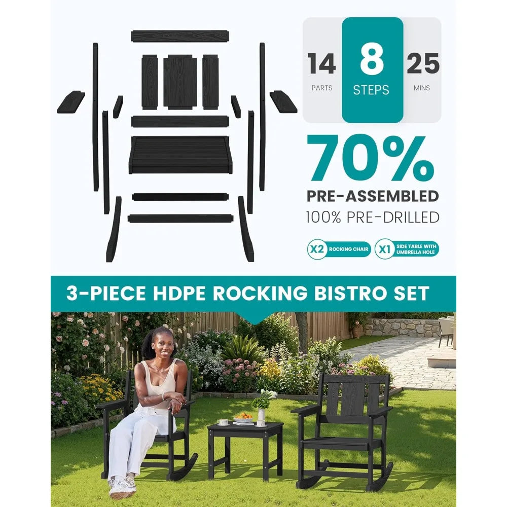 Outdoor Rocking Chair Set of 2 With Side Table Patio