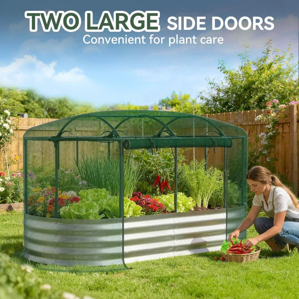 Self-Watering Raised Garden Bed With Mesh Cover Galvanized