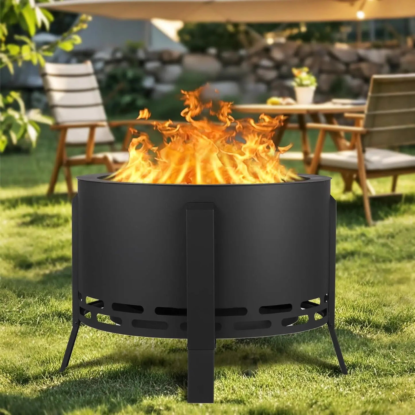 HiMISS Smokeless Firepit With Folding Feet Multi Fuel Charcoal