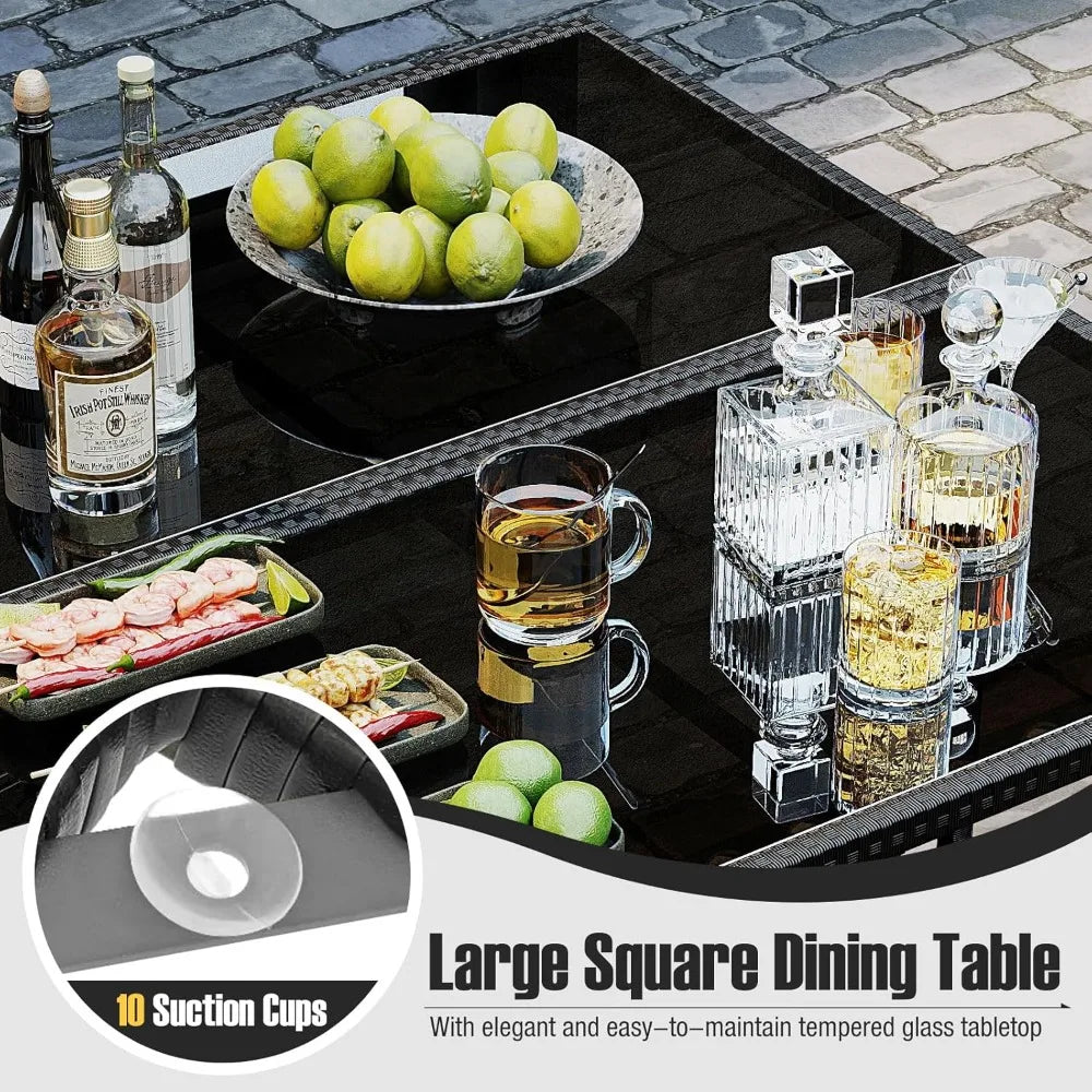 Patio Dining Set With Rattan Chairs And Tempered Glass Table And Ottoman