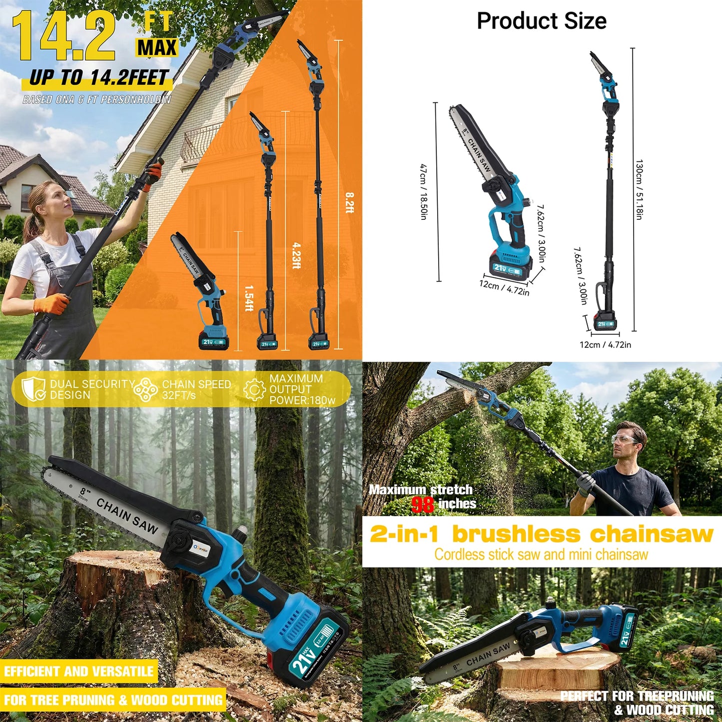Two-In-One Cordless Pole Saw And Mini Chainsaw Tree Trimmer Extension Pole