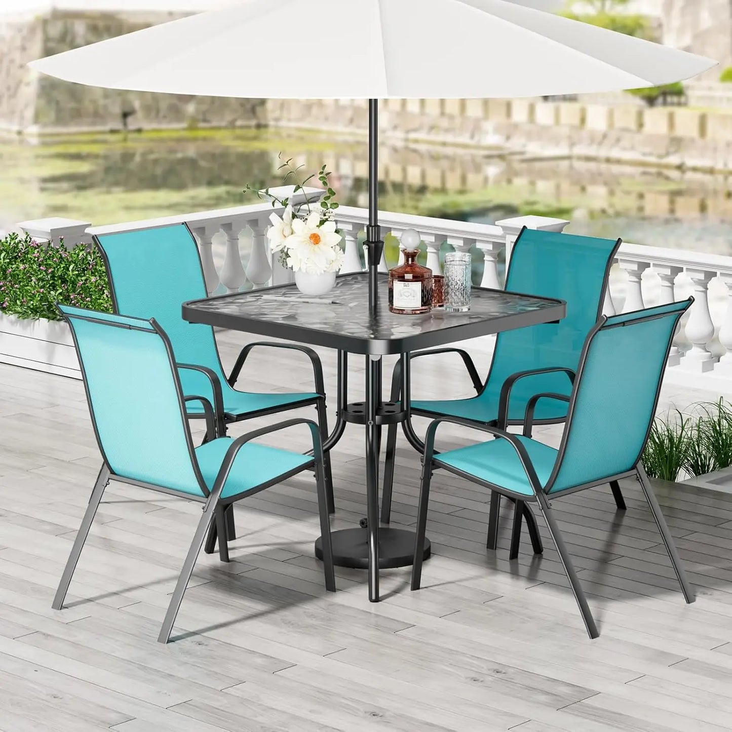 Patio Dining Set With Table And Four Textilene Chairs