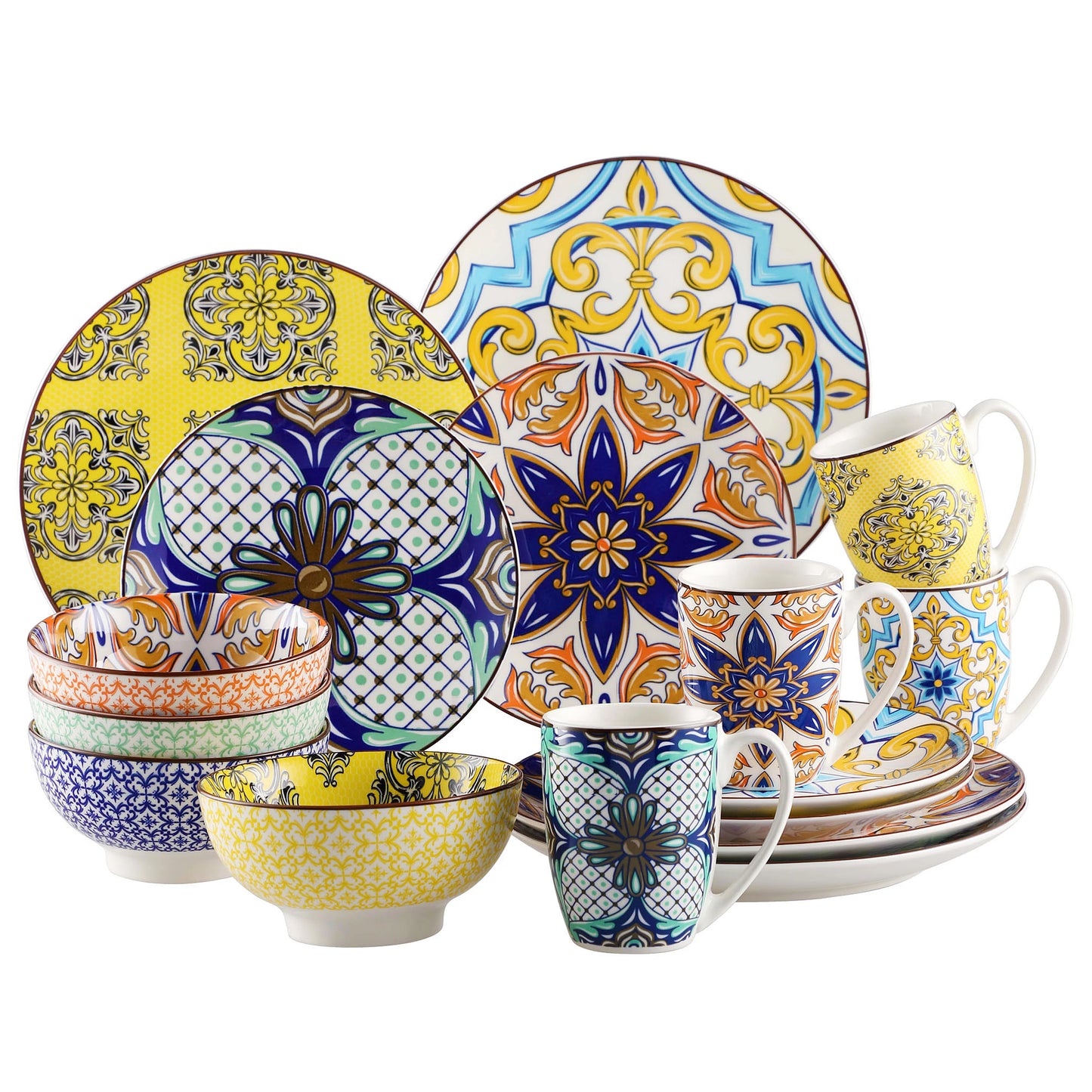 MALACASA Jasmin Pattern Porcelain Dinnerware Set With Plates Bowls Mugs