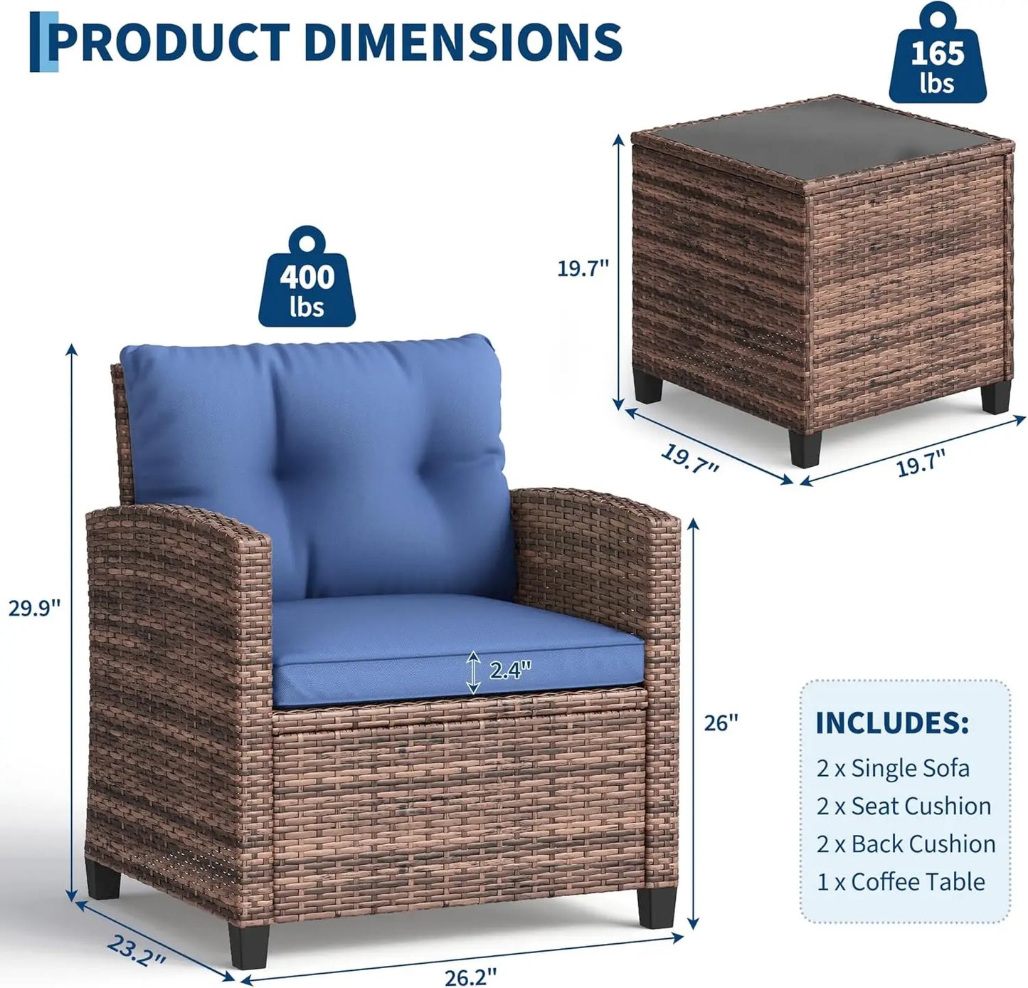 HiMISS Outdoor Patio Bistro Set Rattan Chairs And Side Table