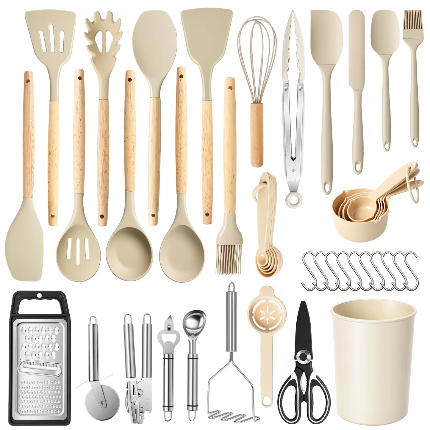Silicone Wooden Handle 44 Piece Nonstick Kitchen Utensil Set FoodGrade