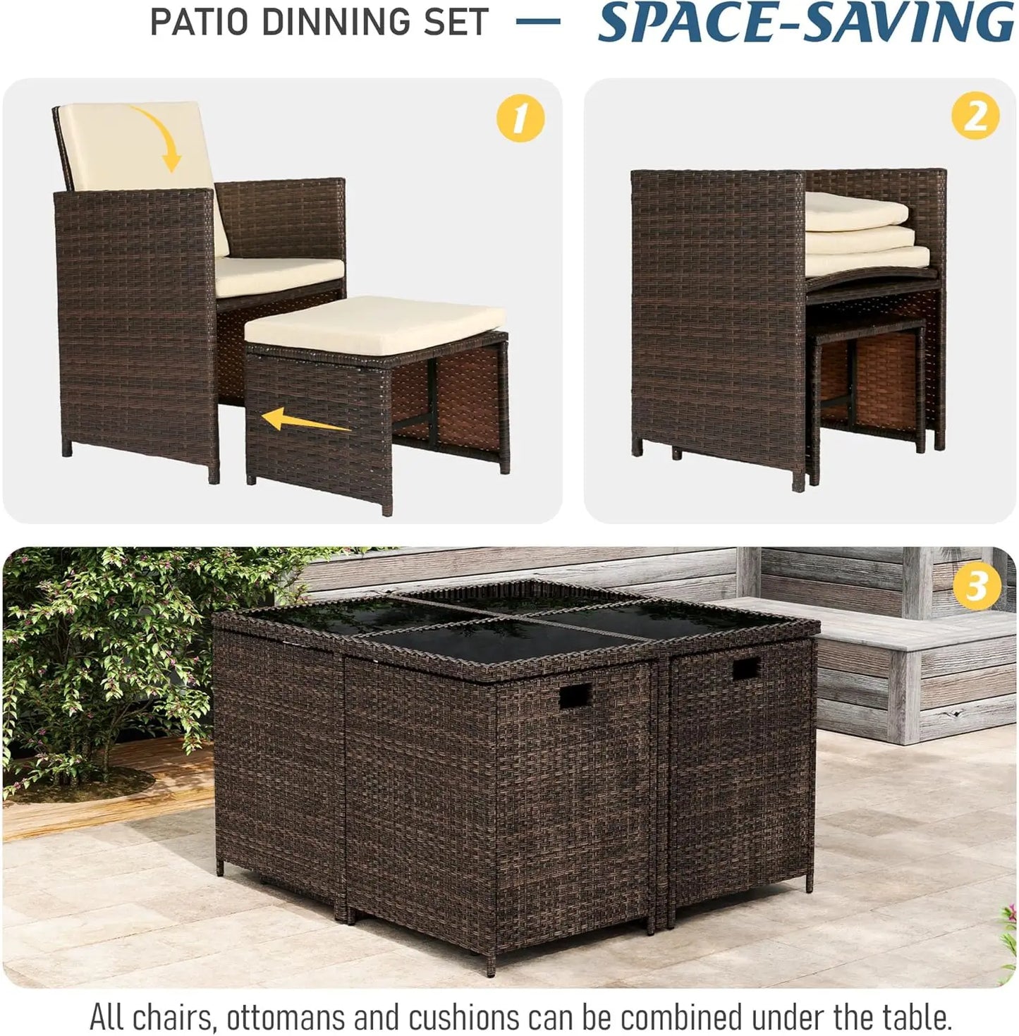 Patio 9 Piece Dining Furniture Set Rattan Chairs Glass Table
