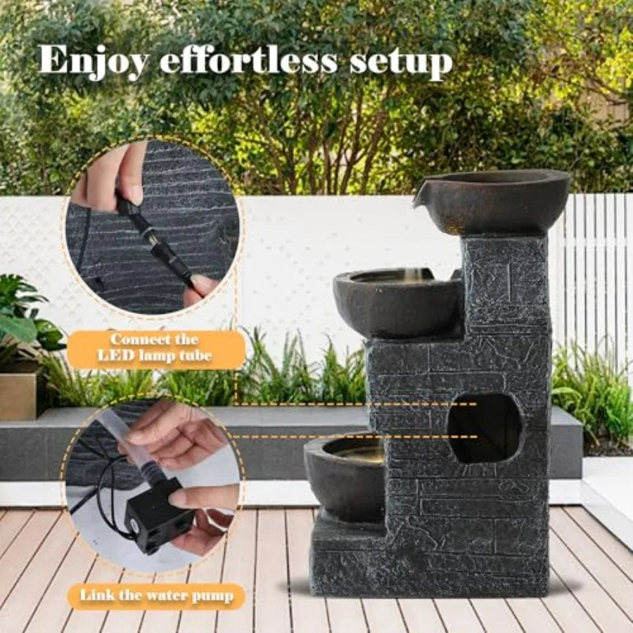 Outdoor Cascading Water Fountain With Four Tiers And LED Lights