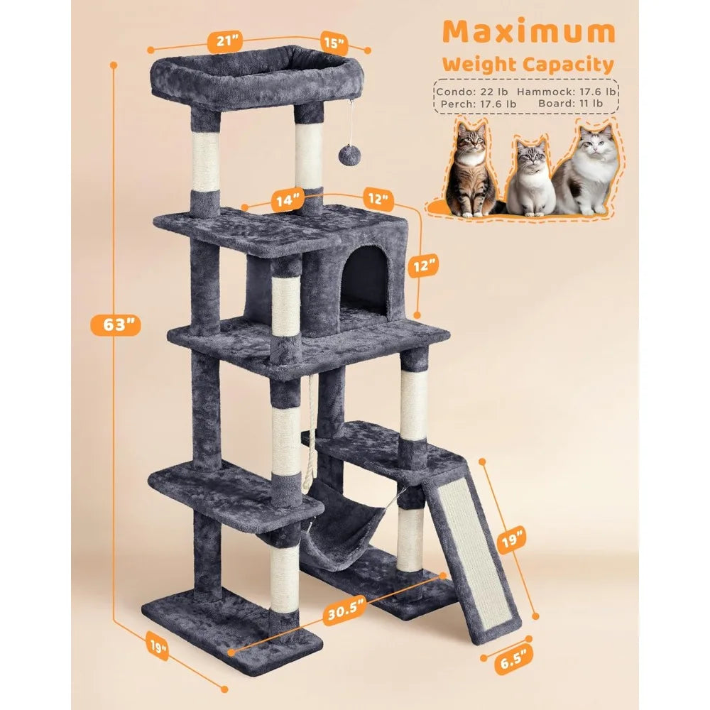 Multi Level Cat Tree With Sisal Posts And Hammocks