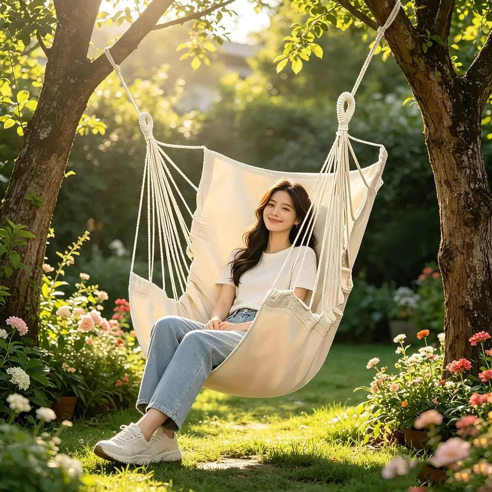 Outdoor Leisure Hammock Swing Chair With Soft Breathable Cotton Fabric