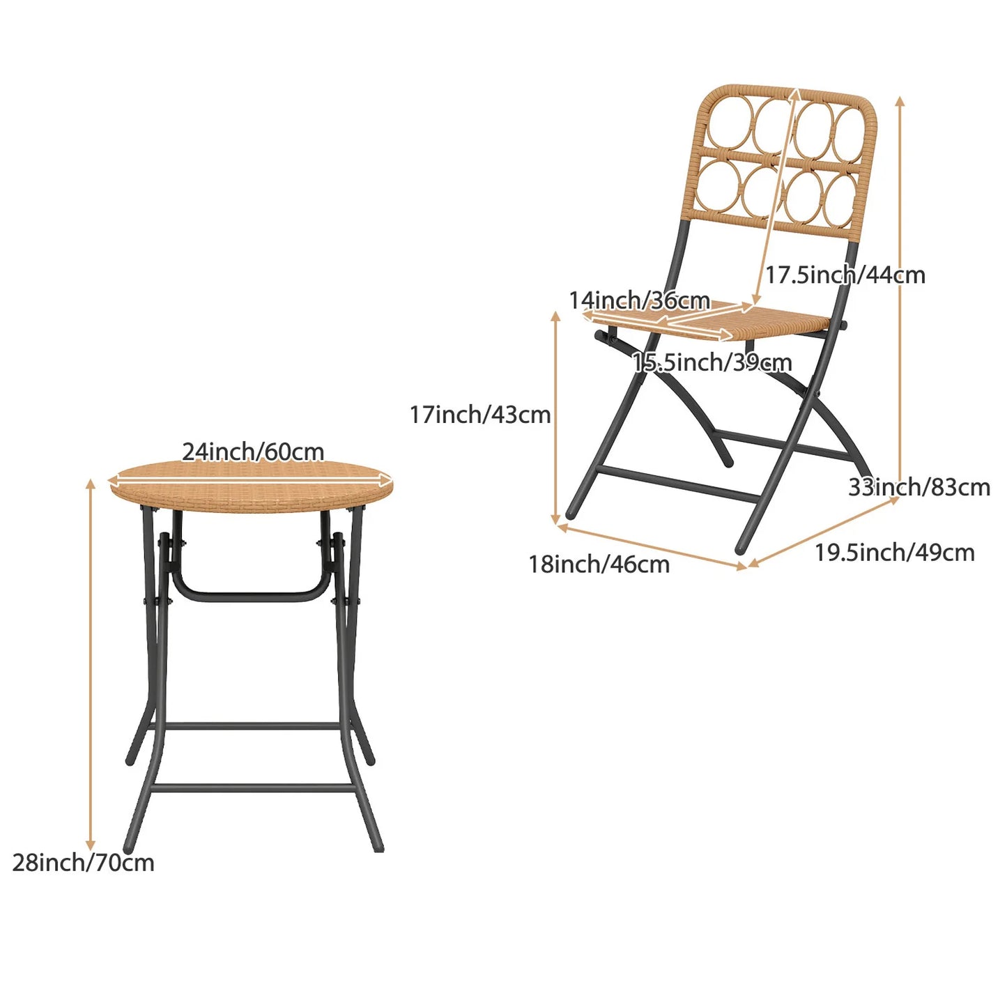 PIYRQ 3 Piece Folding Patio Bistro Set Outdoor Round Table And Chairs
