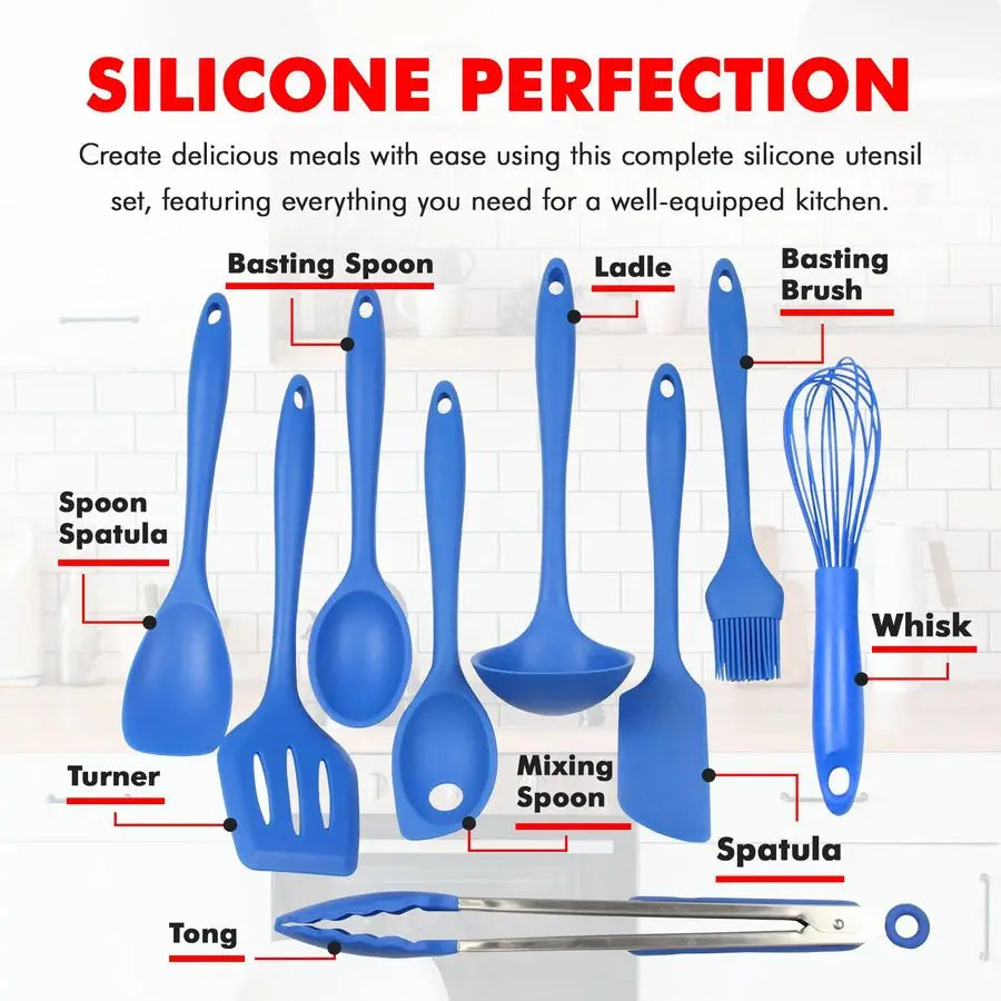 9 Piece Silicone Kitchen Tool And Utensil Set For Cooking